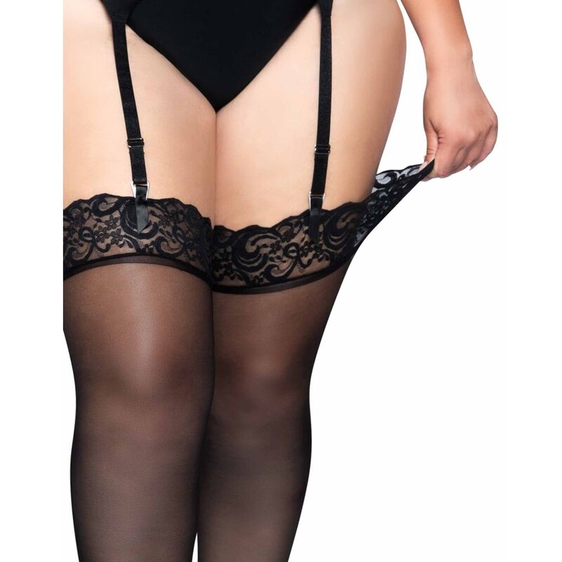 LEG AVENUE - OUTLET - SCHWARZE NYLONSTRÜMPFE MIT SPITZENABSCHNITT PLUS