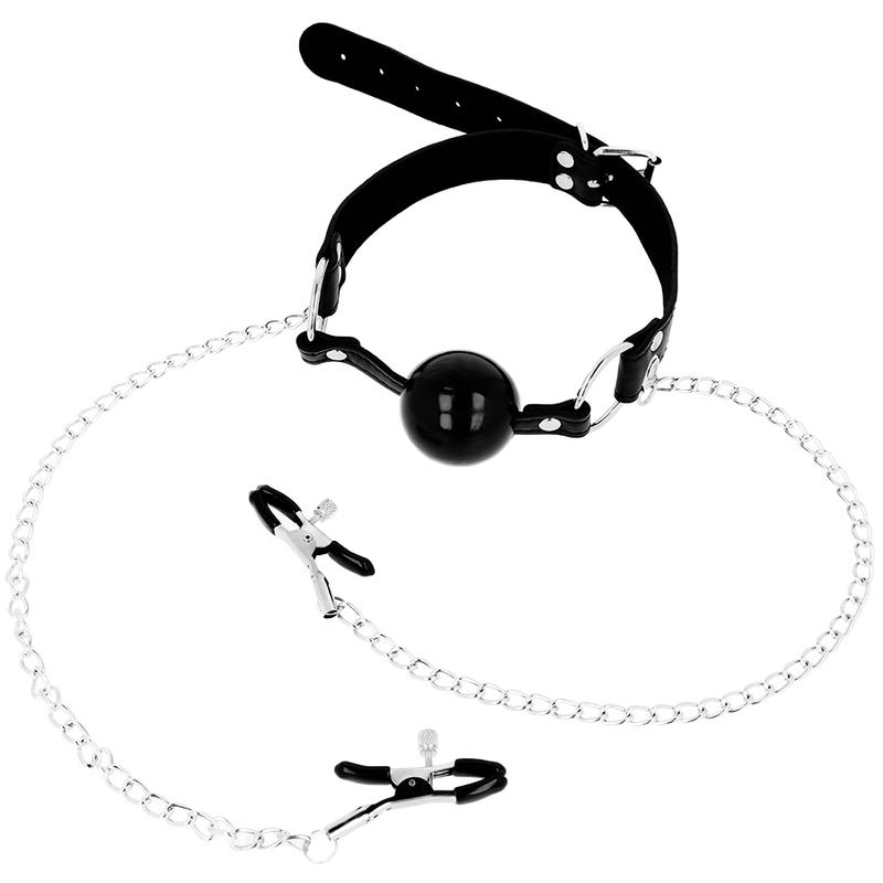 OHMAMA FETISCH SCHWARZER BALLKNEBEL MIT NIPPELKLEMMEN