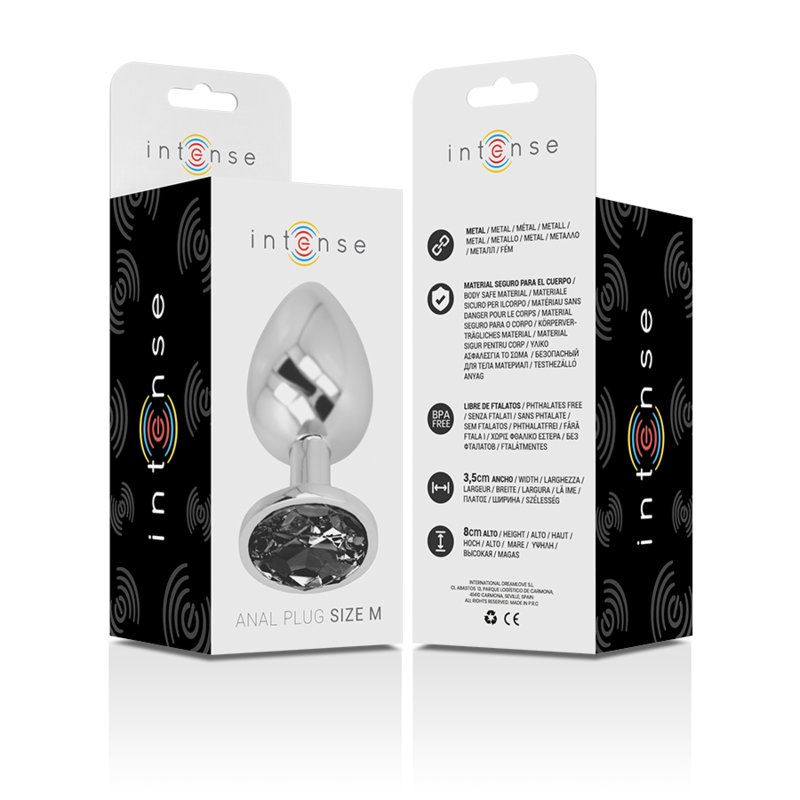 INTENSE - PLUG ANALE IN METALLO DI ALLUMINIO CON VETRO NERO TAGLIA M