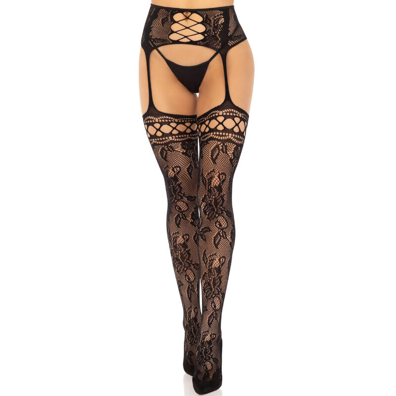 LEG AVENUE - STRUMPFSTRÜMPFE MIT BLUMENSPITZE IN SCHWARZ