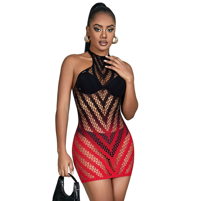 SUBBLIME - 952242 ROTES UND SCHWARZES ELASTISCHES NETZKLEID MIT ABGEBAUTEM MUSTER EINE GRÖSSE