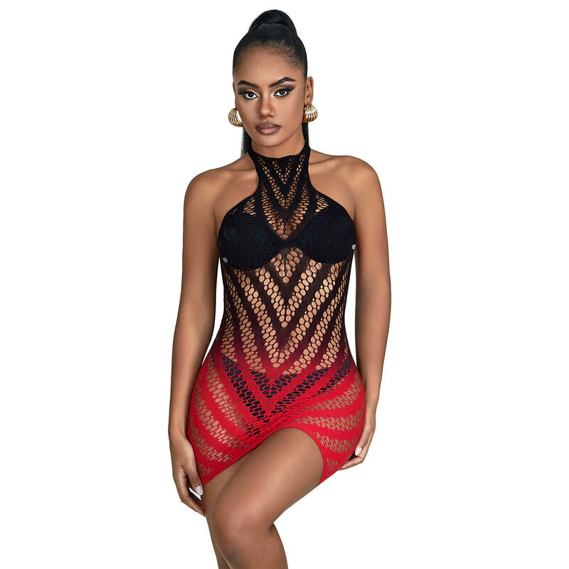 SUBBLIME - 952242 ROTES UND SCHWARZES ELASTISCHES NETZKLEID MIT ABGEBAUTEM MUSTER EINE GRÖSSE