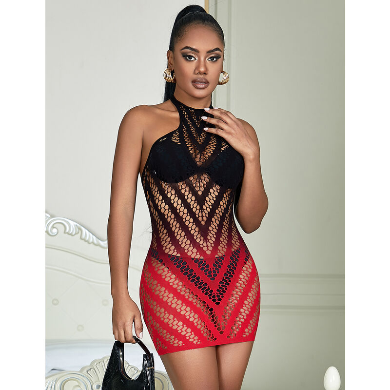 SUBBLIME - 952242 ROTES UND SCHWARZES ELASTISCHES NETZKLEID MIT ABGEBAUTEM MUSTER EINE GRÖSSE