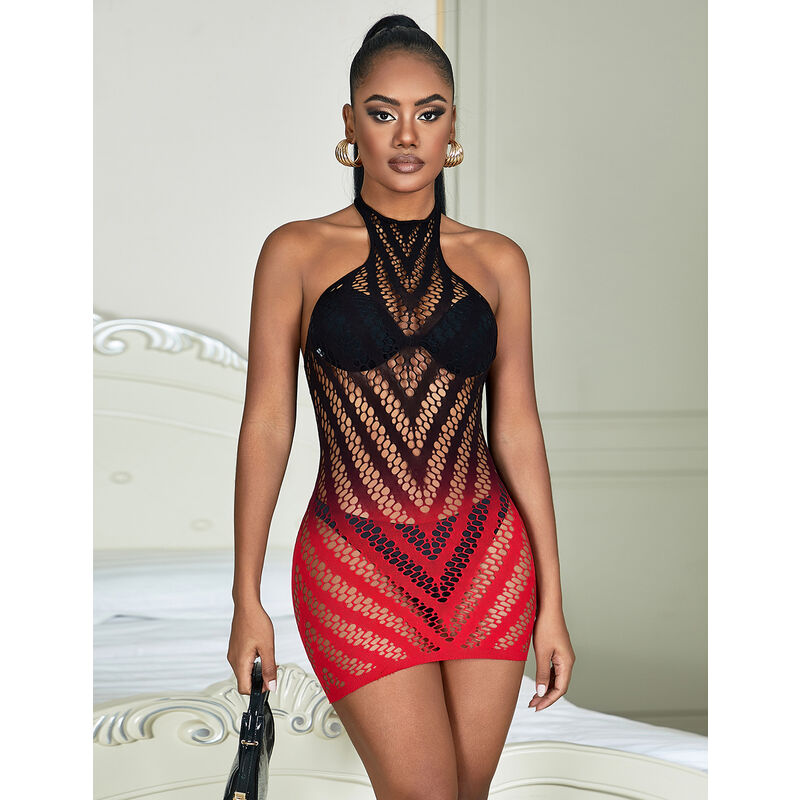 SUBBLIME - 952242 ROTES UND SCHWARZES ELASTISCHES NETZKLEID MIT ABGEBAUTEM MUSTER EINE GRÖSSE
