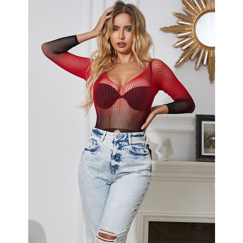 SUBBLIME - 952259 ROTES UND SCHWARZES FARBVERLAUF LANGARM ELASTISCHES NETZKLEID EINE GRÖSSE