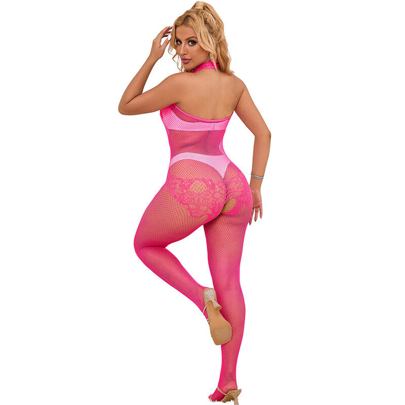 SUBBLIME - 952389 Netz- und Spitzen-Bodystocking ohne Schritt mit hohem Halsausschnitt, Rosa, Einheitsgröße