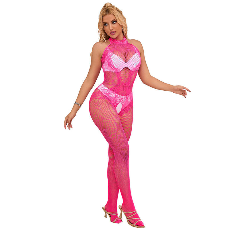 SUBBLIME - 952389 Netz- und Spitzen-Bodystocking ohne Schritt mit hohem Halsausschnitt, Rosa, Einheitsgröße