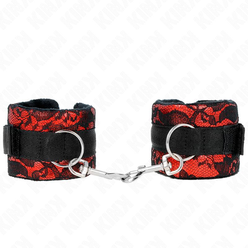 KINK - KURZE HANDGELENKFESSELN AUS SAMTSPITZE UND NYLONFESSELN ROT/SCHWARZ 23 X 6,5 CM
