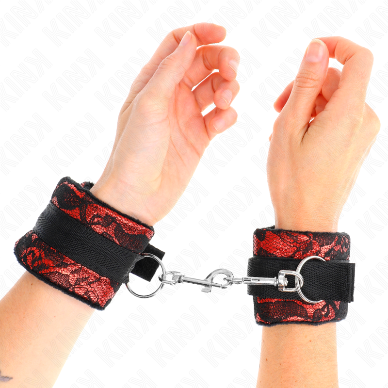 KINK - KURZE HANDGELENKFESSELN AUS SAMTSPITZE UND NYLONFESSELN ROT/SCHWARZ 23 X 6,5 CM