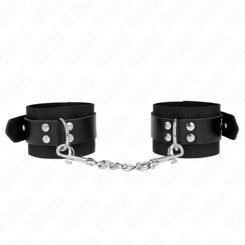 KINK - NYLON HANDFESSELN SCHWARZ MIT LEDERGÜRTEL SCHWARZ VERSTELLBAR 19-29 CM X 5,1 CM