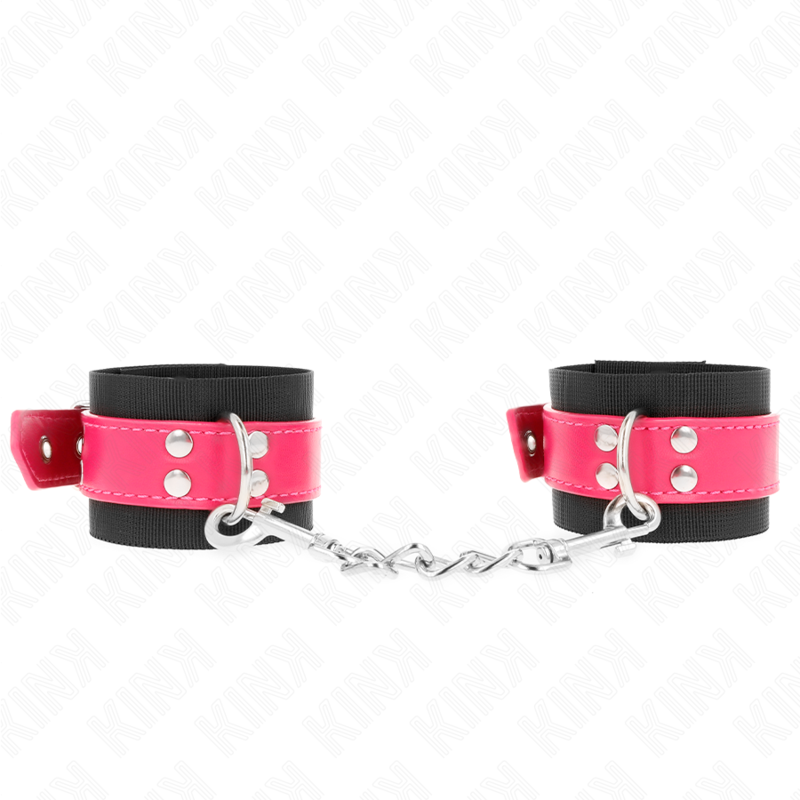 KINK - NYLON HANDFESSELN SCHWARZ MIT KUNSTLEDERGÜRTEL HIMBEERROSA VERSTELLBAR 19-29 CM X 5,1 CM