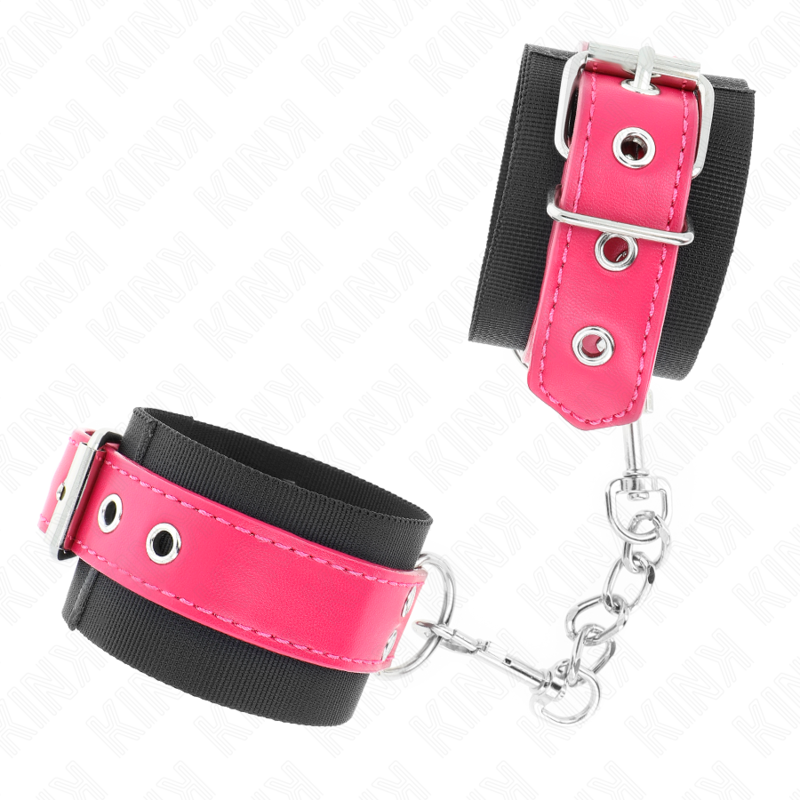 KINK - NYLON HANDFESSELN SCHWARZ MIT KUNSTLEDERGÜRTEL HIMBEERROSA VERSTELLBAR 19-29 CM X 5,1 CM