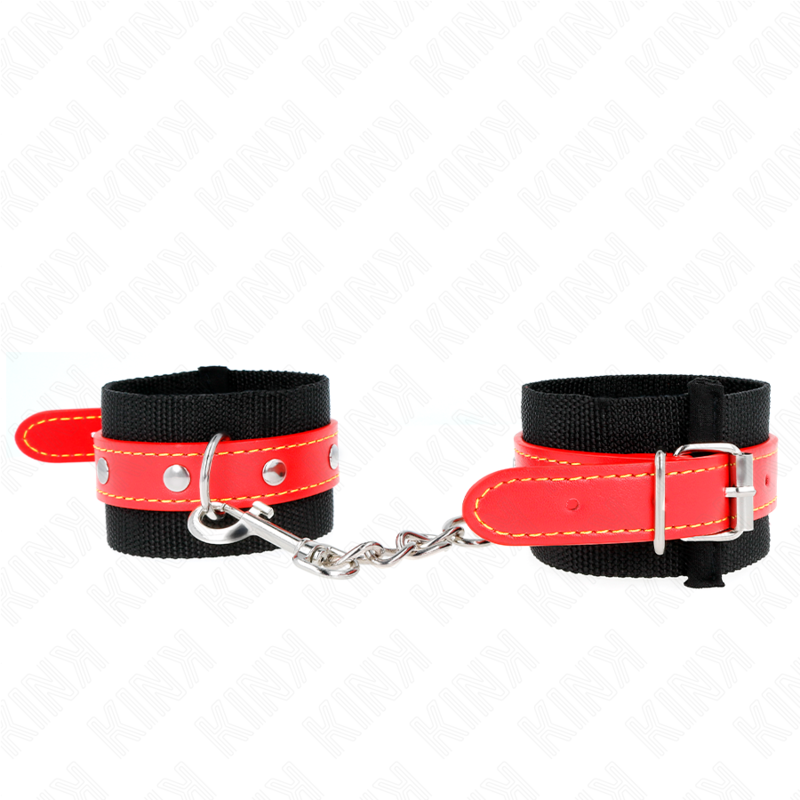 KINK - NYLON HANDFESSELN SCHWARZ MIT KUNSTLEDER ROT VERSTELLBAR 19-24 CM X 5,5 CM