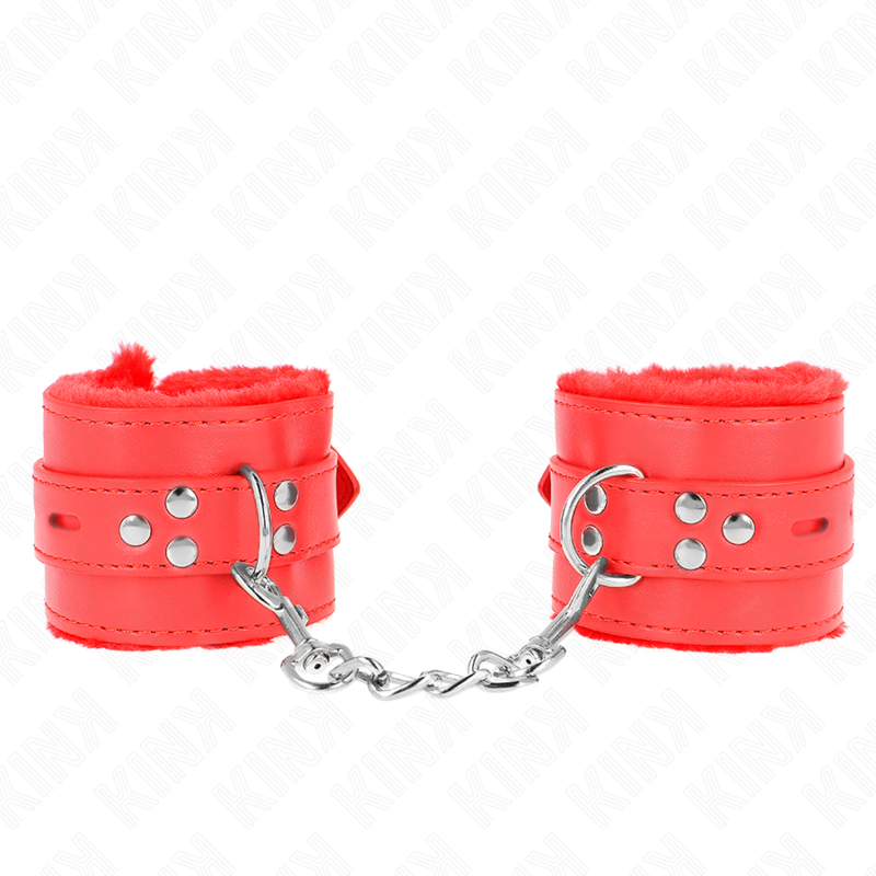 KINK - PELZGEFÜTTERTE HANDGELENKFESSELN MIT QUADRATISCHEN LÖCHERN, ROT UND ROTEM GÜRTEL, VERSTELLBAR 17-29 CM X 6 CM