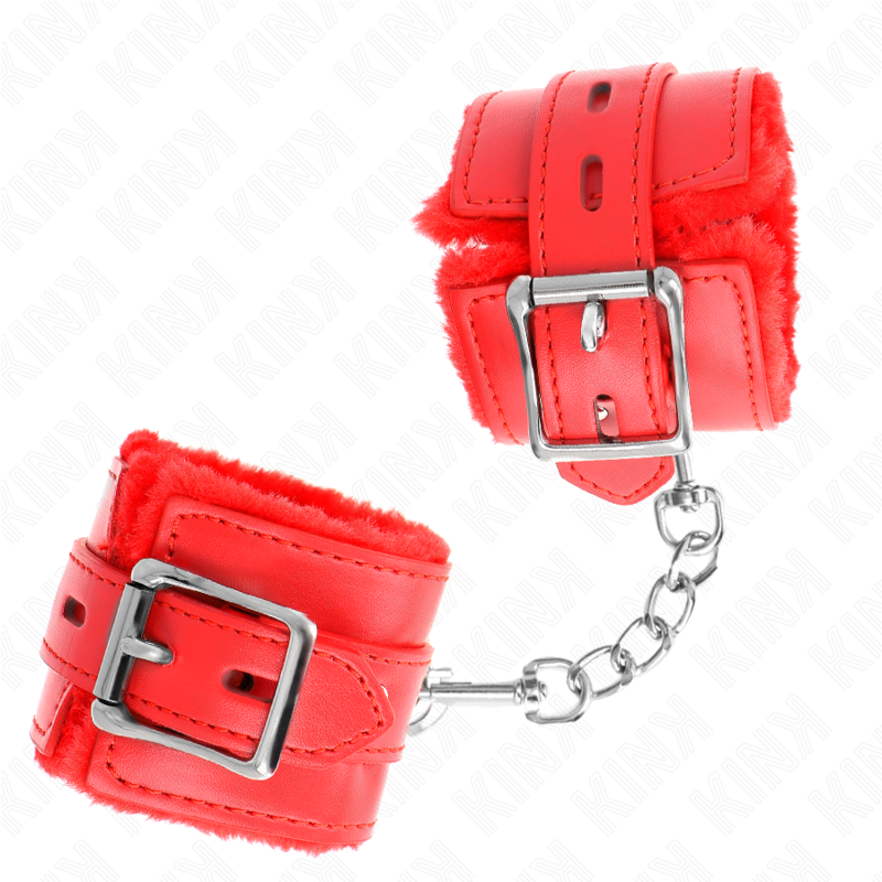 KINK - PELZGEFÜTTERTE HANDGELENKFESSELN MIT QUADRATISCHEN LÖCHERN, ROT UND ROTEM GÜRTEL, VERSTELLBAR 17-29 CM X 6 CM