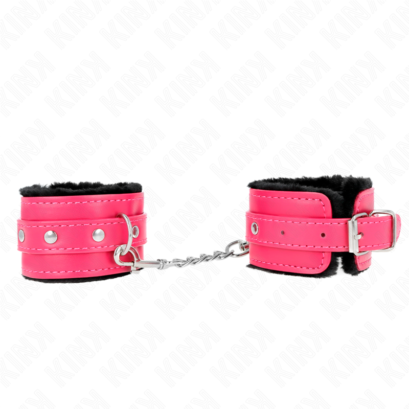 KINK - PREMIUM PELZGEFÜTTERTE HANDGELENKFESSELN SCHWARZ MIT HIMBEERROSA-GÜRTEL VERSTELLBAR 17-29 CM X 6 CM