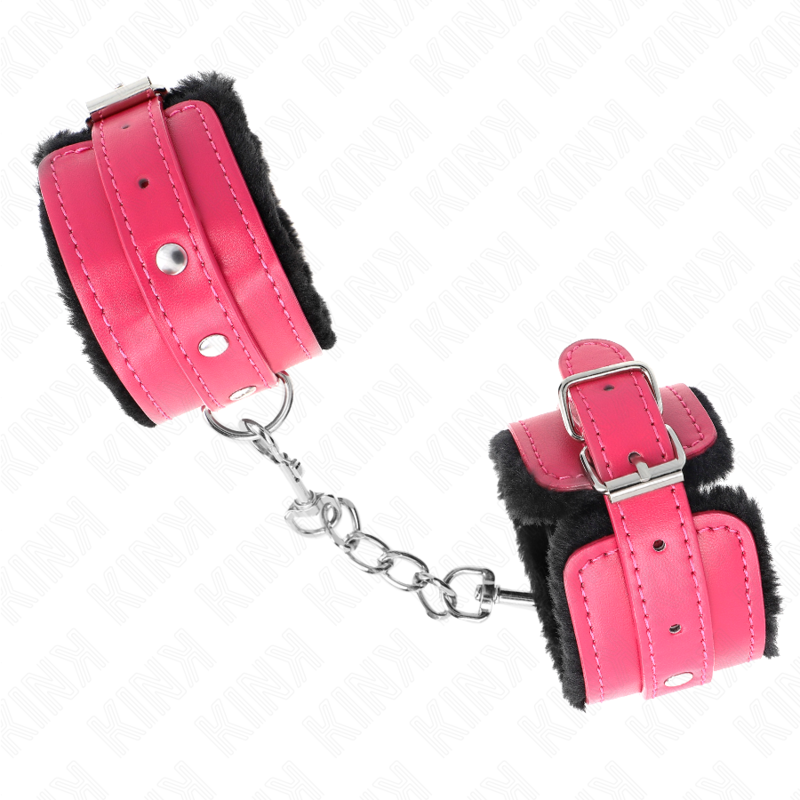 KINK - PREMIUM PELZGEFÜTTERTE HANDGELENKFESSELN SCHWARZ MIT HIMBEERROSA-GÜRTEL VERSTELLBAR 17-29 CM X 6 CM