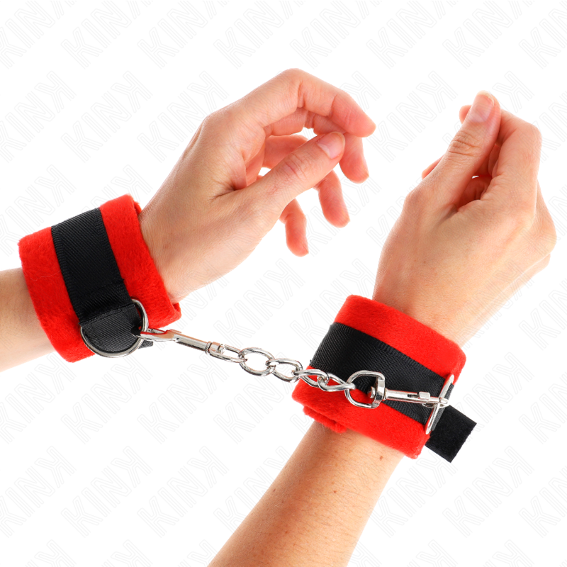 KINK - BEGINNER PELZ HANDFESSELN SCHWARZ-ROT 30 X 7 CM