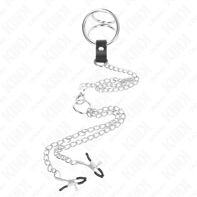KINK - DREIFACH CHROM METALL PENISRING 3,8 CM BIS 5 CM MIT 26 CM METALLKETTE UND NIPPELKLAMMER MODELL 1