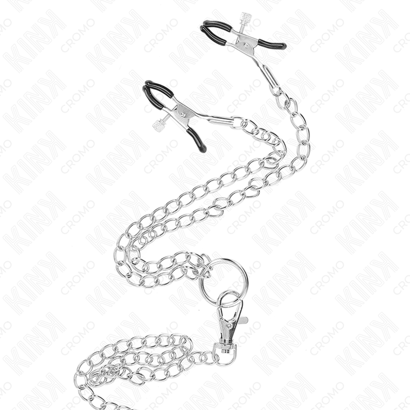 KINK - DREIFACH CHROM METALL PENISRING 3,8 CM BIS 5 CM MIT 26 CM METALLKETTE UND NIPPELKLAMMER MODELL 1