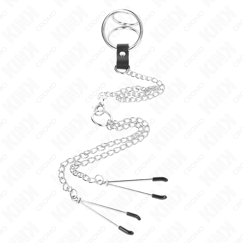 KINK - DREIFACH CHROM METALL PENISRING 3,8 CM BIS 5 CM MIT 26 CM METALLKETTE UND NIPPELKLAMMER MODELL 2