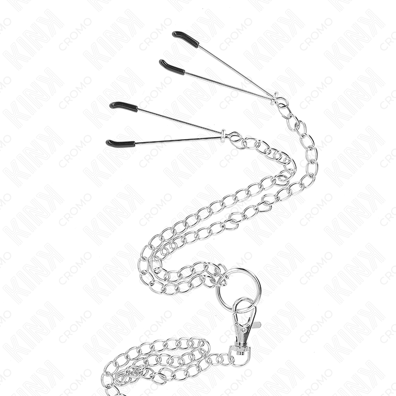 KINK - DREIFACH CHROM METALL PENISRING 3,8 CM BIS 5 CM MIT 26 CM METALLKETTE UND NIPPELKLAMMER MODELL 2