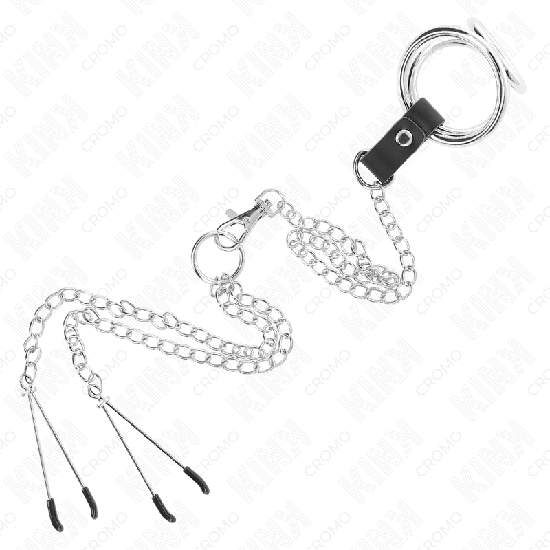 KINK - DREIFACH CHROM METALL PENISRING 3,8 CM BIS 5 CM MIT 26 CM METALLKETTE UND NIPPELKLAMMER MODELL 2