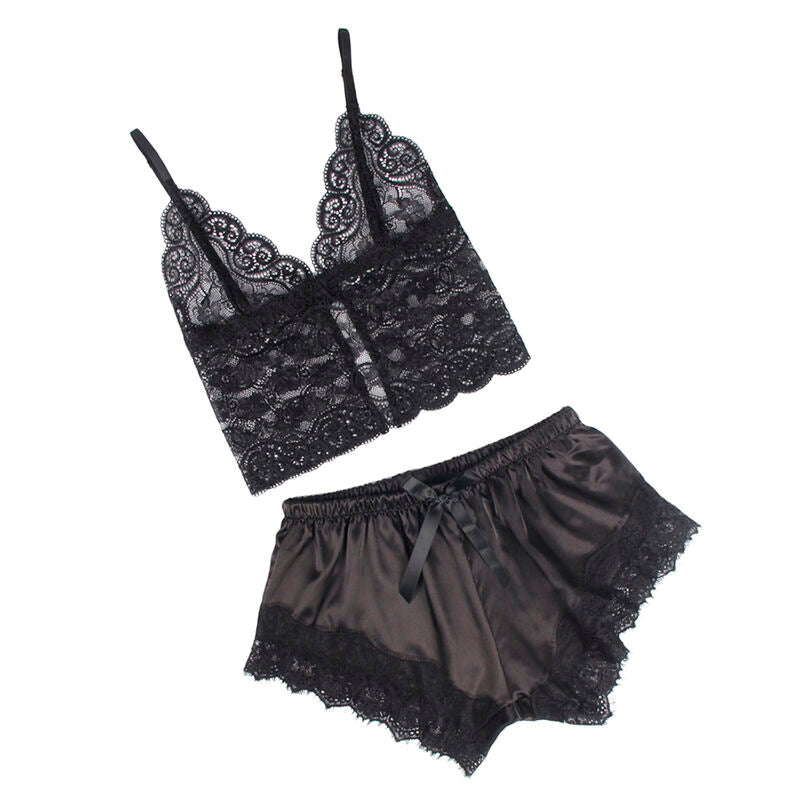 SUBBLIME - 953942 LÄSSIGE SEIDE NACHTHEMD + SPITZENHOSE SCHWARZ L/XL