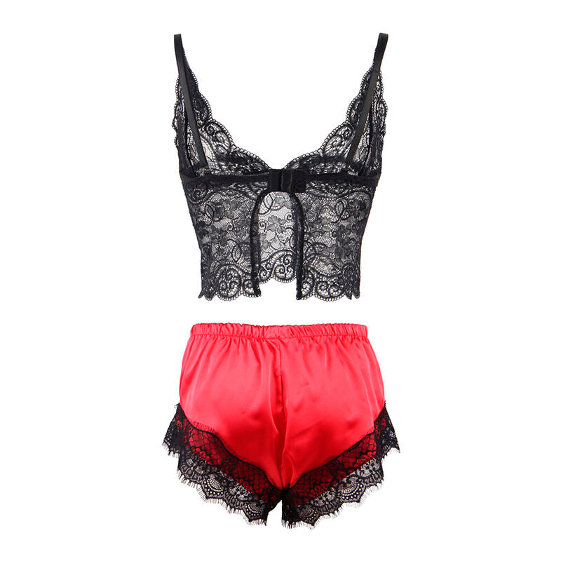 SUBBLIME - 953959 LÄSSIGE SEIDE NACHTHEMD + SPITZENHOSE SCHWARZ/ROT S/M