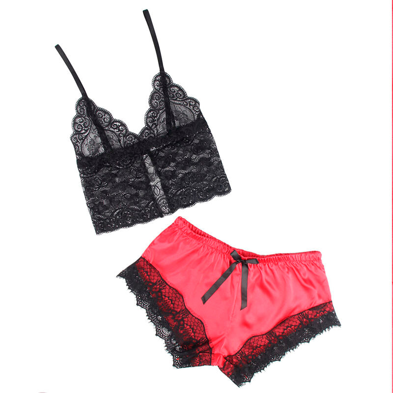 SUBBLIME - 953959 LÄSSIGE SEIDE NACHTHEMD + SPITZENHOSE SCHWARZ/ROT S/M