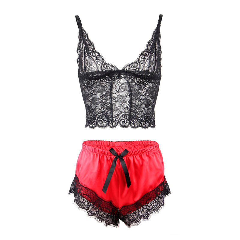 SUBBLIME - 953959 LÄSSIGE SEIDE NACHTHEMD + SPITZENHOSE SCHWARZ/ROT S/M
