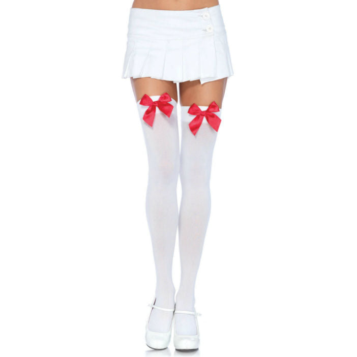 LEG AVENUE - NYLON-STRUMPFHOSE MIT SCHLEIFE WEISS / ROT