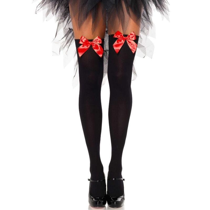 LEG AVENUE - SCHWARZE NYLON-OVERSIZE-STRUMPFHOSE MIT ROTER SCHLEIFE, EINHEITSGRÖSSE
