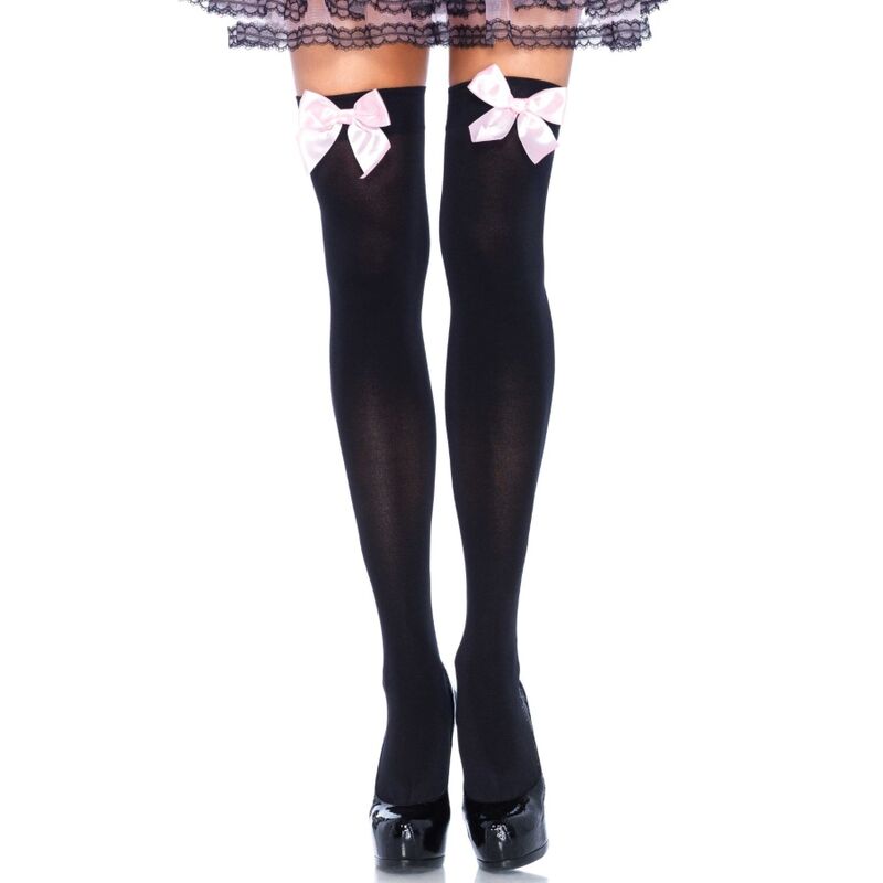 LEG AVENUE - SCHWARZE NYLON-STRUMPFHOSE MIT ROSA SCHLEIFE, EINHEITSGRÖSSE